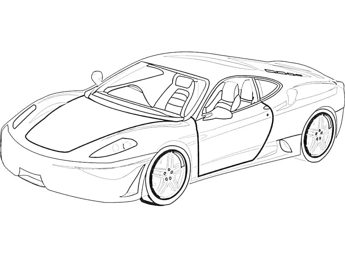 Раскраска спорткар Ferrari, вид сбоку, показаны двери, окна, колеса, фары, зеркала и капот