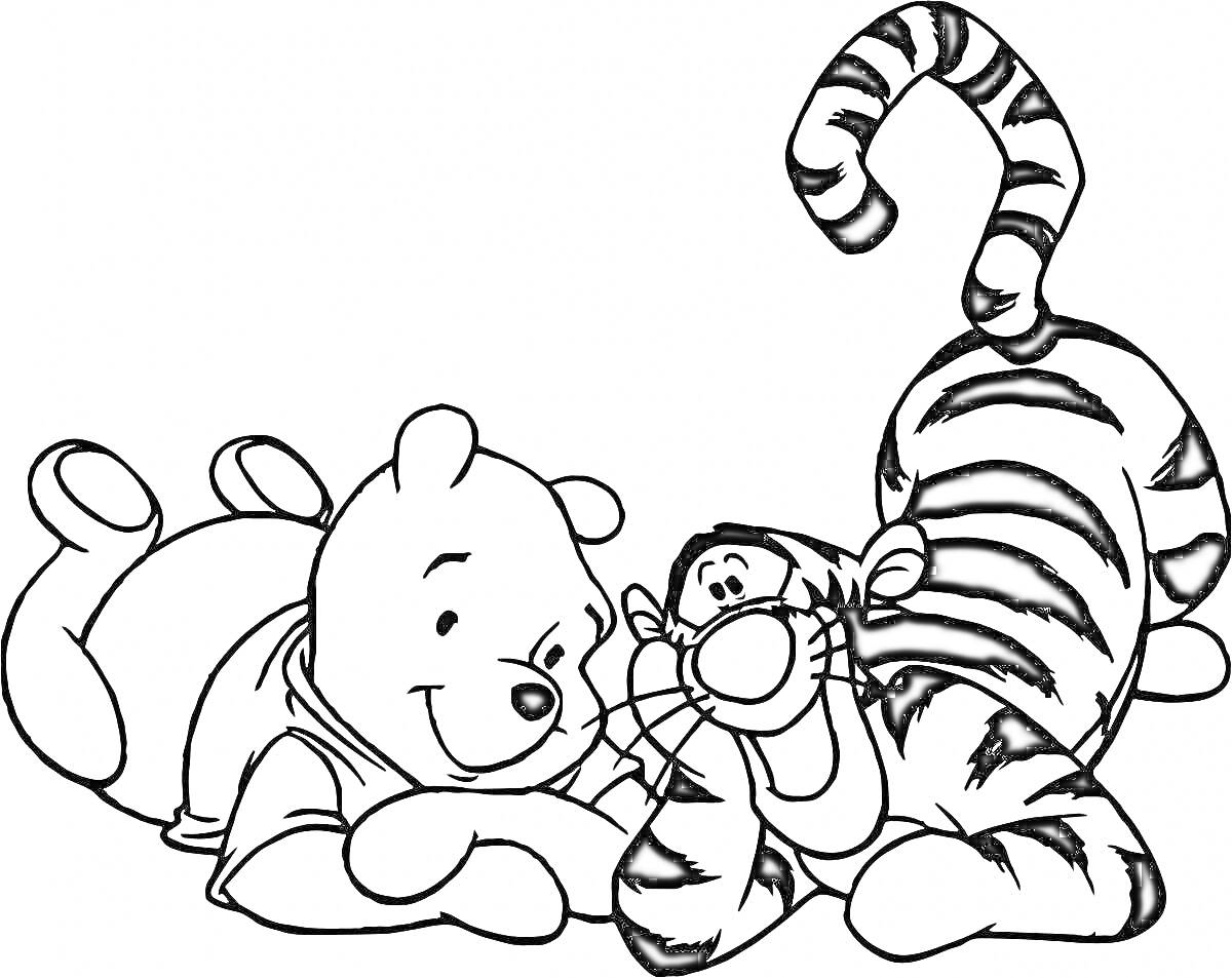 На раскраске изображено: Винни-Пух, Тигруля, Игра, Друзья, Животные, Медведь, Тигр