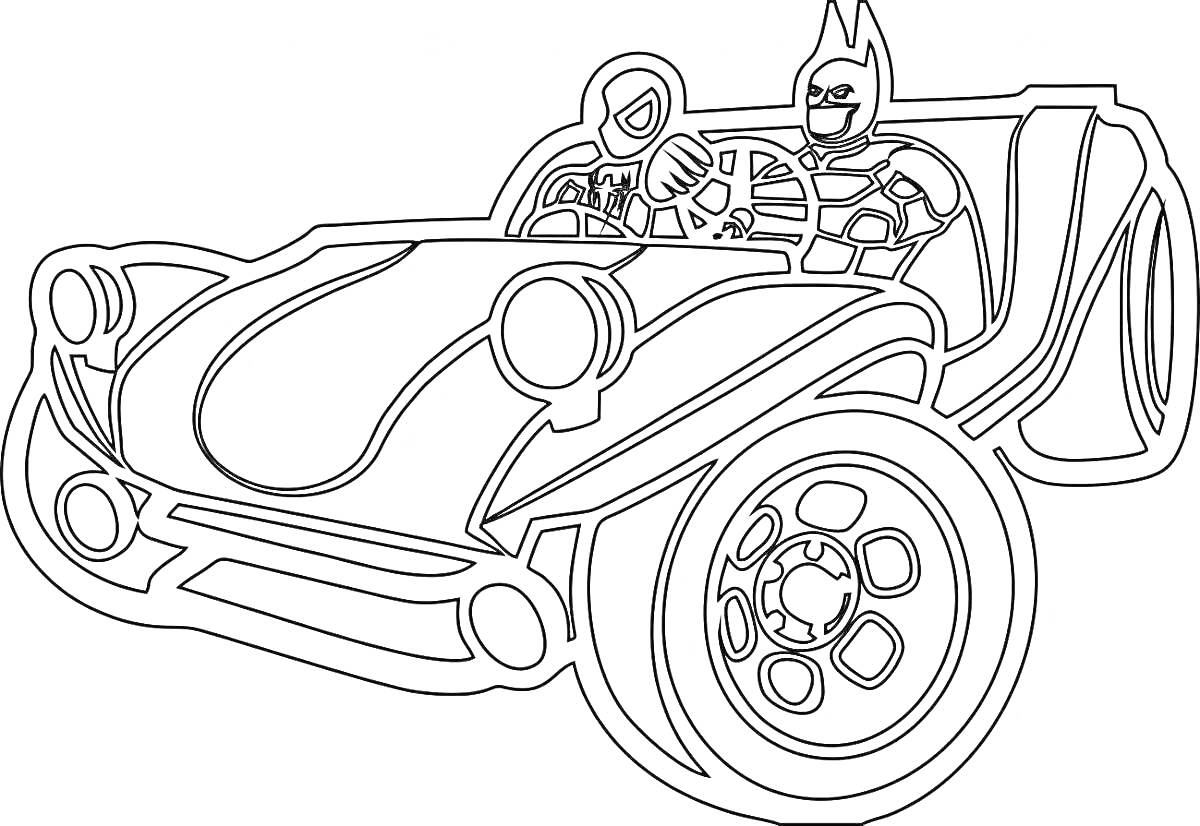 Раскраска Машина с двумя персонажами: гонщик и пилот с маской.