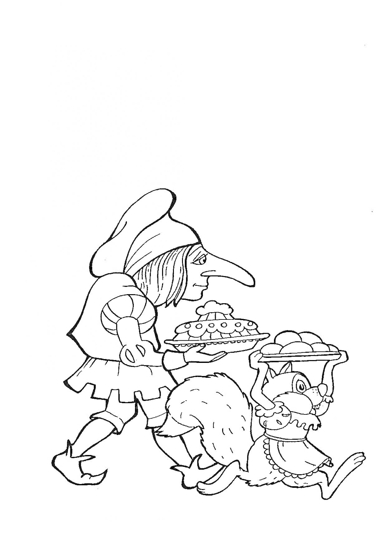 Раскраска Карлик Нос и говорящий гусь с едой