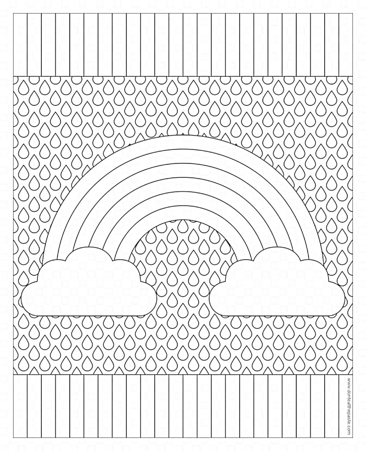 Раскраска Радуга с облаками и каплями дождя на фоне