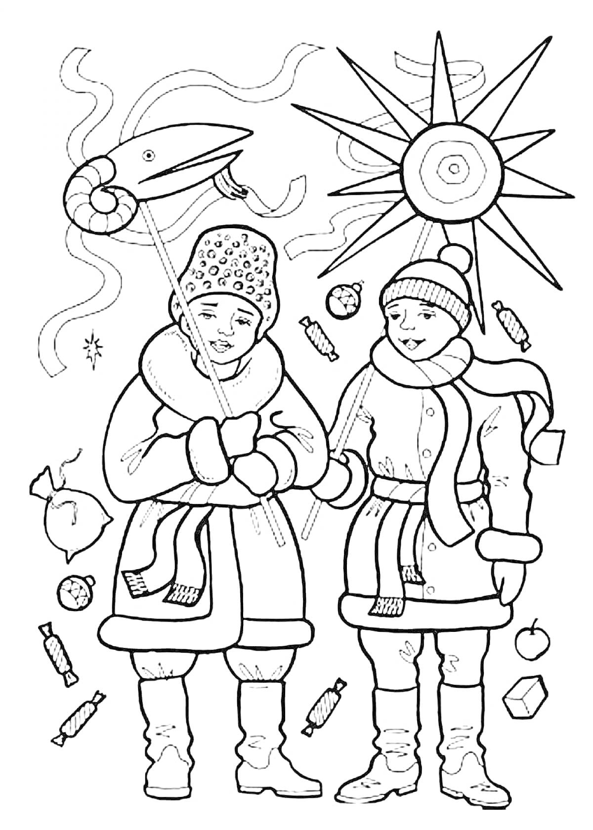 Раскраска Дети с рождественскими колядовщиками, украшенными рождественским звездой и головой снежного зверя, окруженные конфетами и фруктами