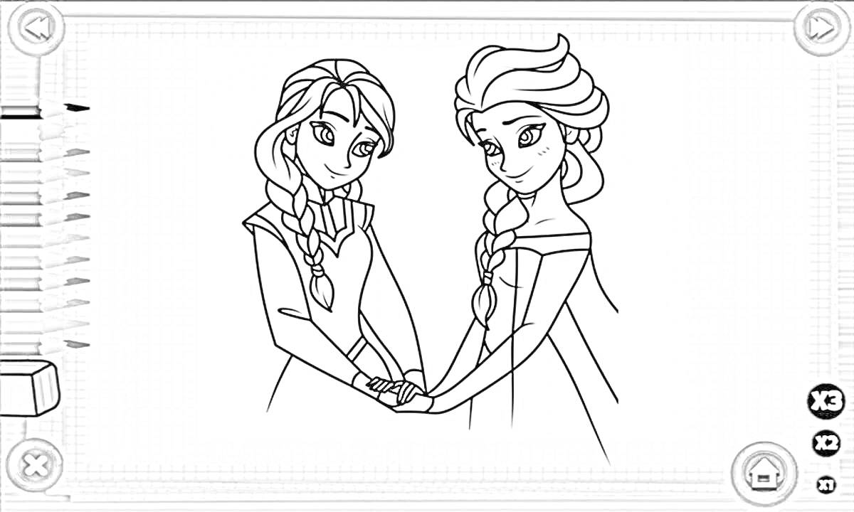 На раскраске изображено: Эльза, Принцесса, Две девушки, Сестры, Держатся за руки, Карандаши, Одежда