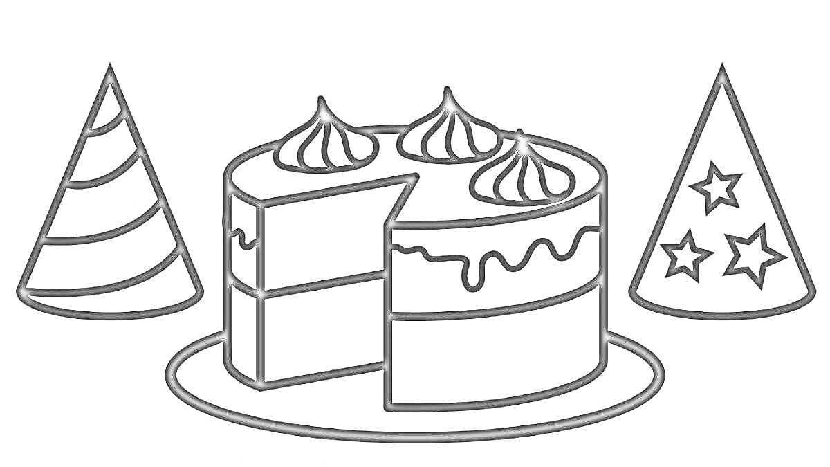 На раскраске изображено: Торт, Крем, Звезды, Сладости, День рождения, Десерты, Полосы, Праздники