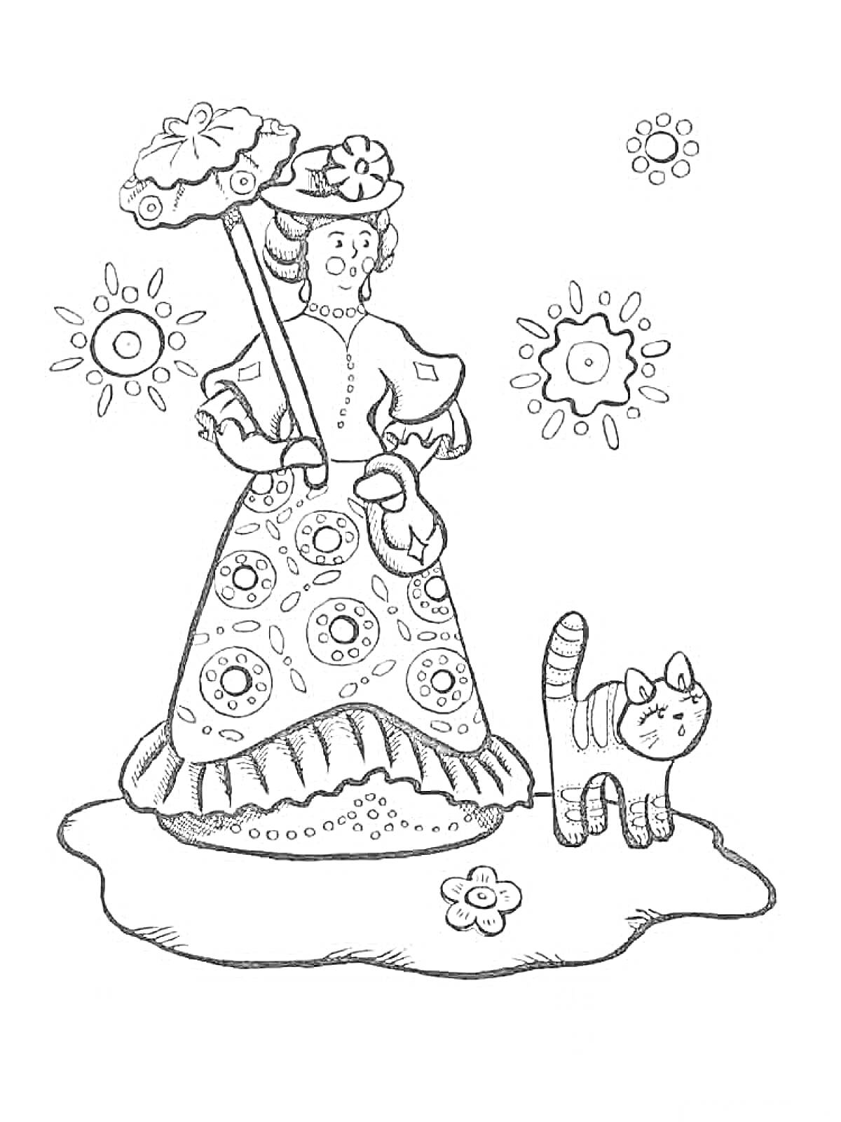 Дымковская игрушка - женщина с зонтиком и котом, украшенная цветочными орнаментами