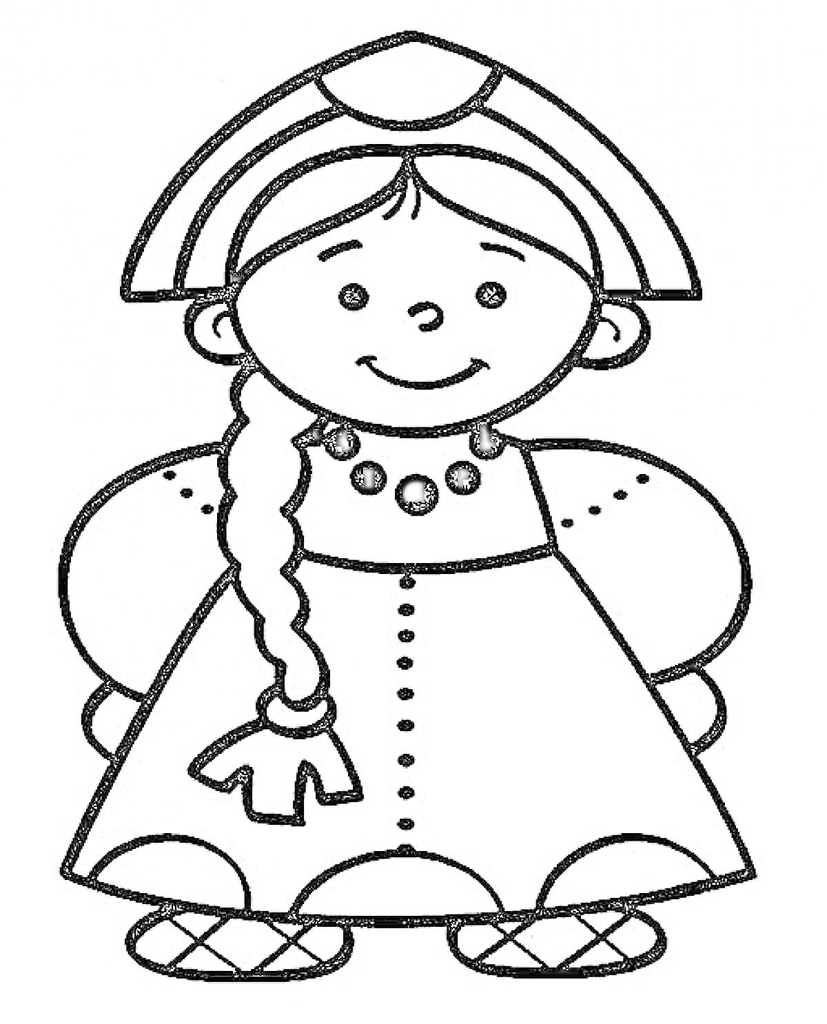 Раскраска Девочка в русском народном костюме с традиционной кокошником, косичкой, бусы, сарафан с пуговицами, рукава-фонарики, лапти