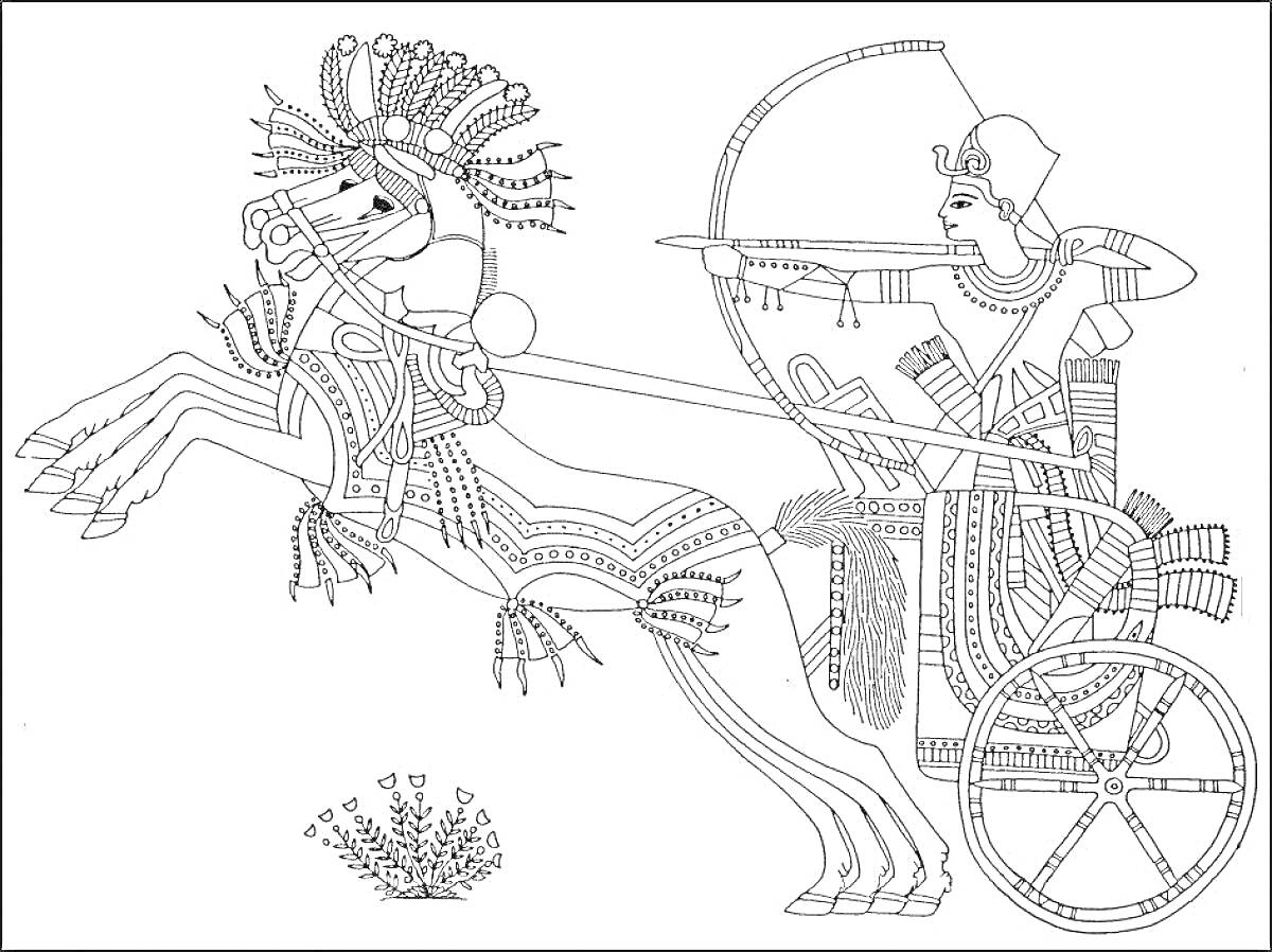 Раскраска Воин в колеснице с луком, запряженная лошадь с украшениями, растение у копыт лошади
