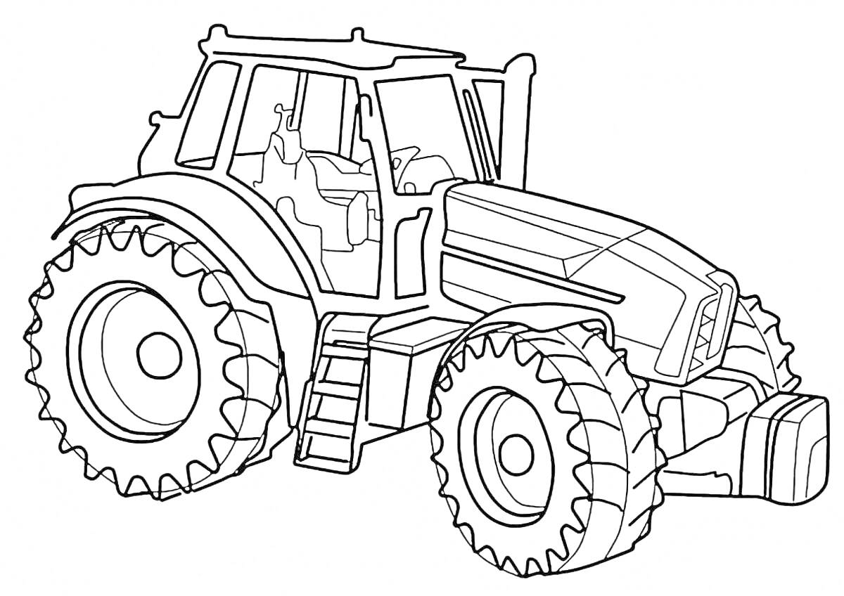 Раскраска Трактор с большими колесами и кабиной для малышей