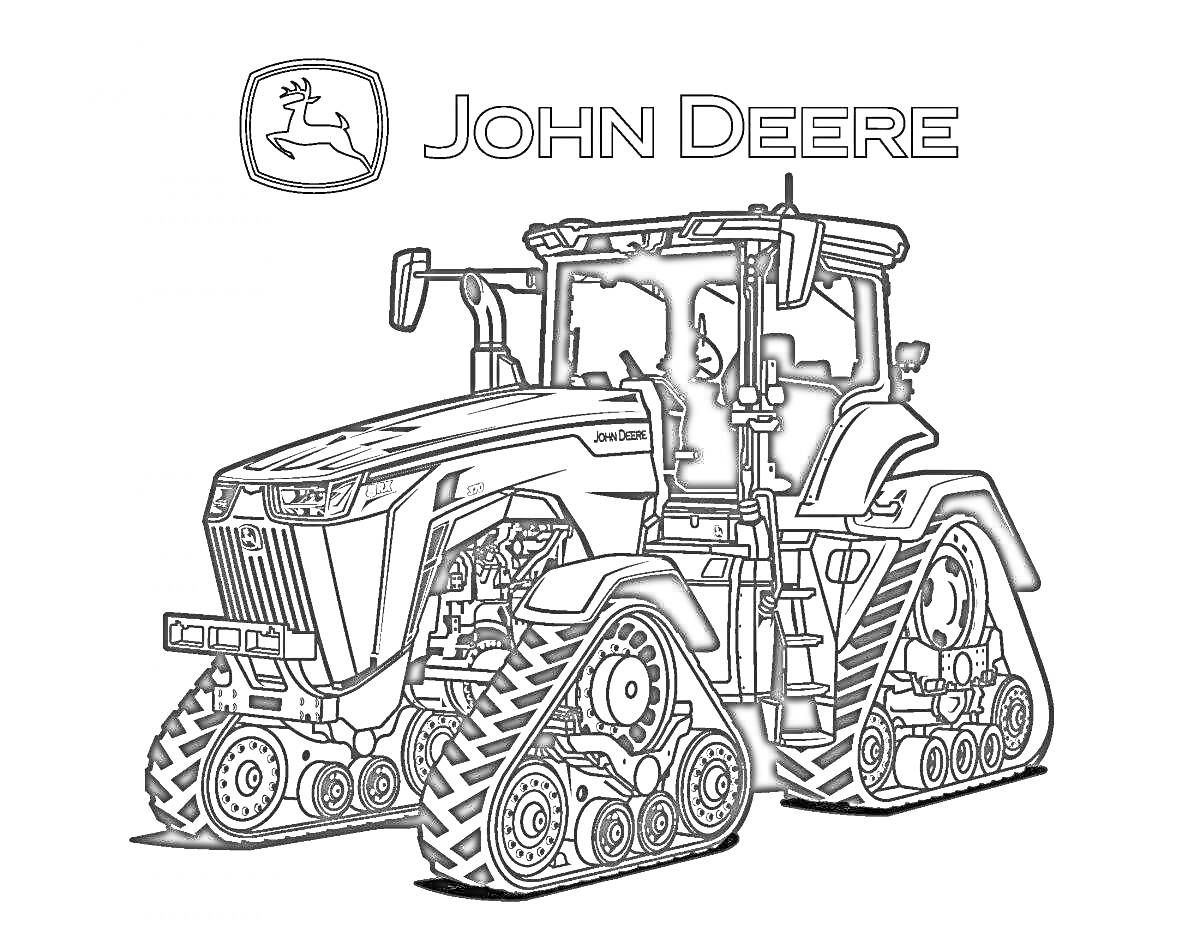 На раскраске изображено: Трактор, Гусеницы, John Deere, Сельскохозяйственная техника, Тяжелая техника