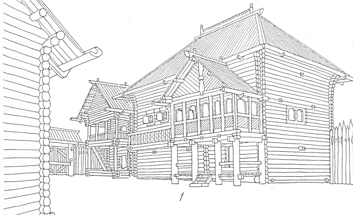 Раскраска Традиционные деревянные избы с резными наличниками, лестницами и крыльцом, расположенные в старинной усадьбе с высоким забором из плотно пригнанных бревен, строения соединены деревянными переходами, крыши покрыты деревянной черепицей, на некоторых построе