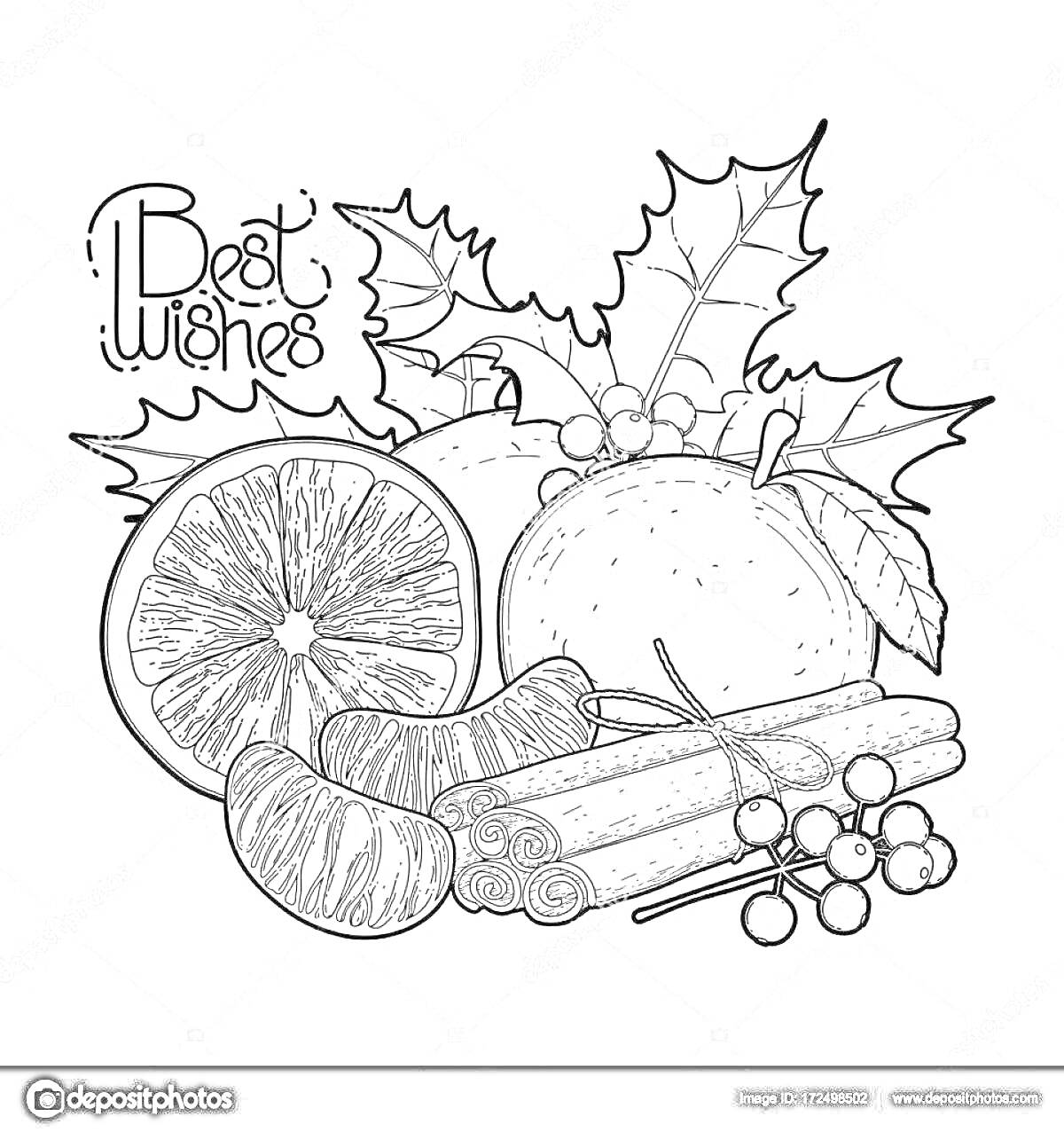 На раскраске изображено: Корица, Апельсин, Долька, Ягоды, Листья, Новый год, Рождество