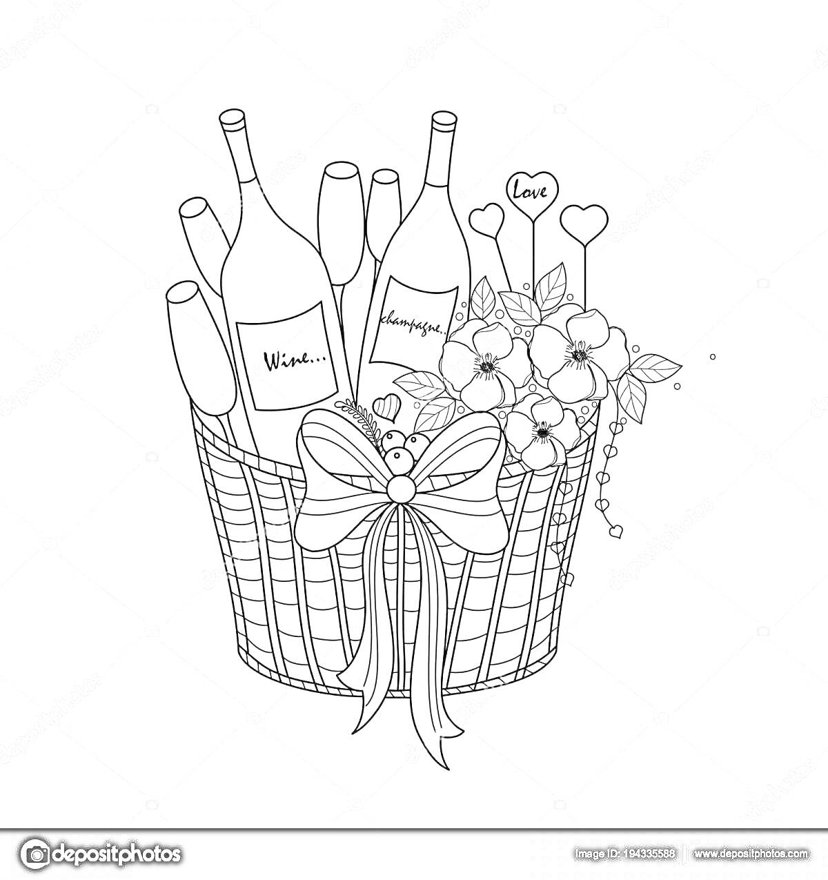 Раскраска Корзинка с бутылками вина и шампанского, цветами и декоративной ленточкой