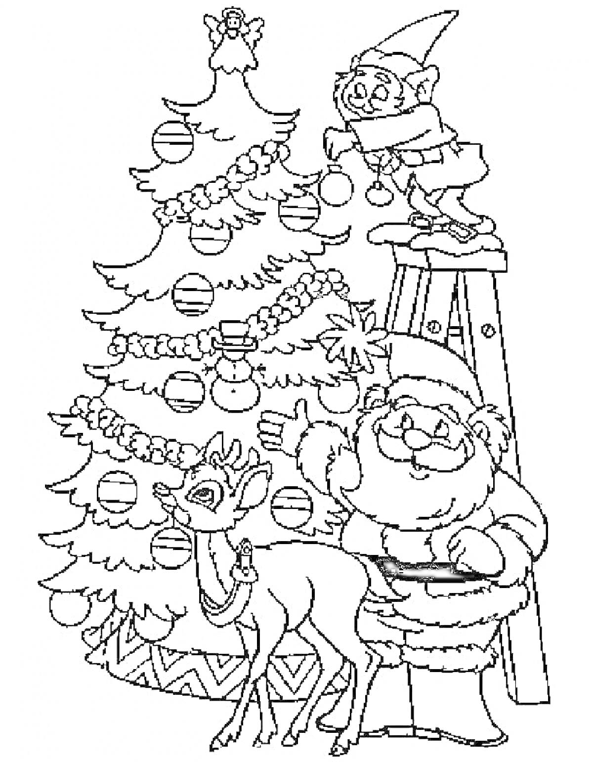 Раскраска Дед Мороз с оленем украшают елочку с помощью эльфа