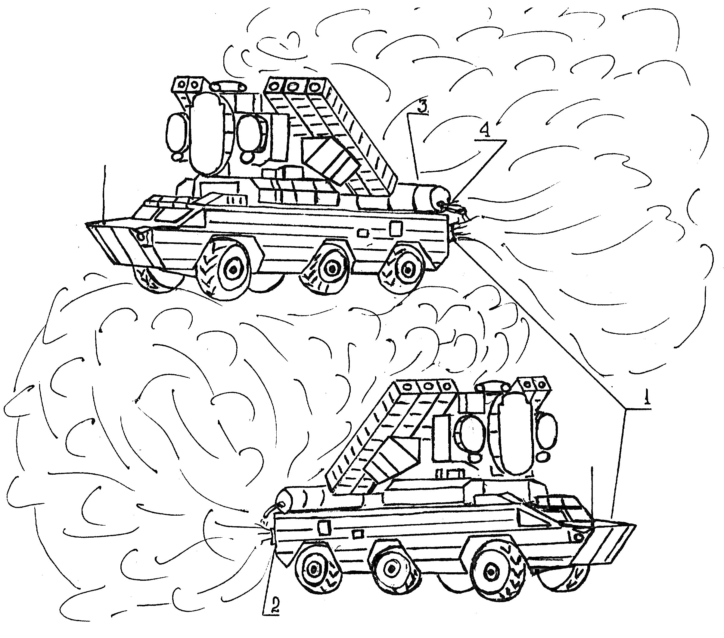 На раскраске изображено: Ракетная установка, Катюша, Военная техника, Бронетранспортер, Колёса, Дым, Движение