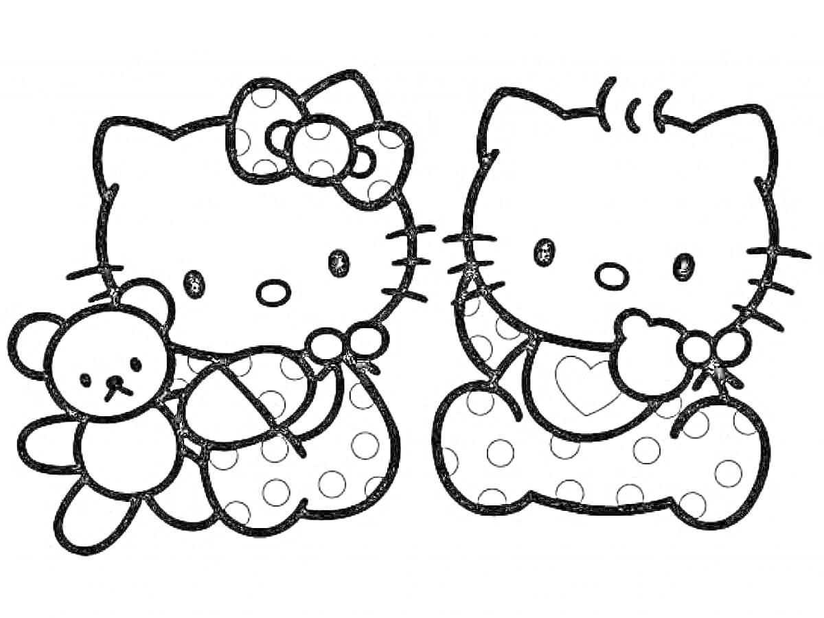 Раскраска Две кошечки Хелоу Кіті в платьях с горошком, одна держит мишку