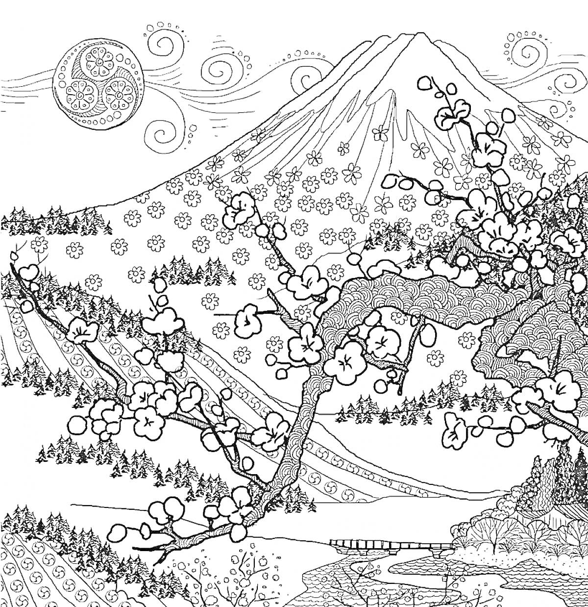 Вид на гору Фудзи с цветущей сакурой, ветром, японскими орнаментами и лесом