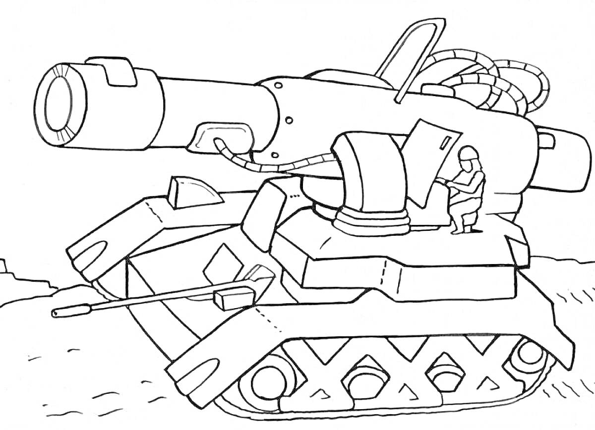 Раскраска Танкист, стоящий на корпусе большого танка с крупнокалиберным орудием и мощной гусеничной системой