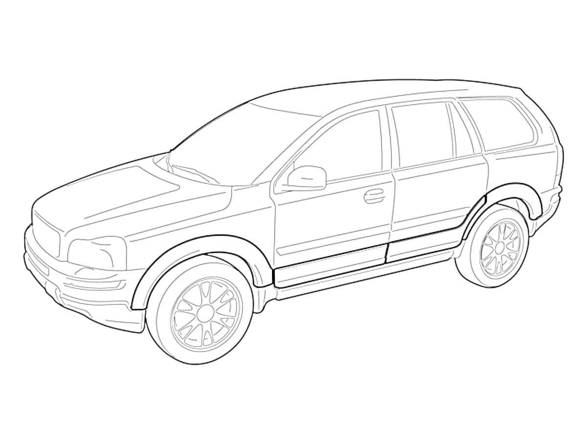 Раскраска Вольво XC90, со всеми дверями, окнами, колёсами и боковыми зеркалами заднего вида