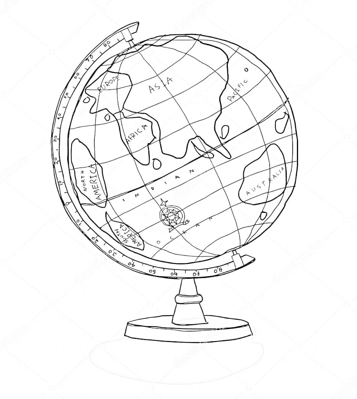 Раскраска Глобус с континентами мира, градусной сеткой и основанием