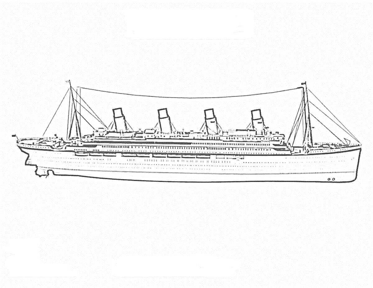 Раскраска Контурное изображение корабля Титаник с четырьмя трубами и мачтами