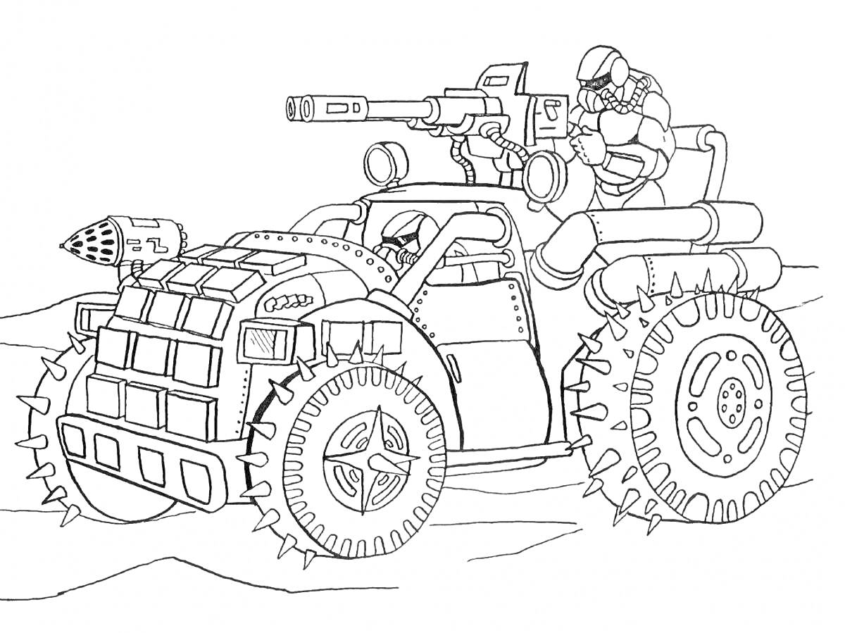 Раскраска Внедорожник с оружием и солдатом