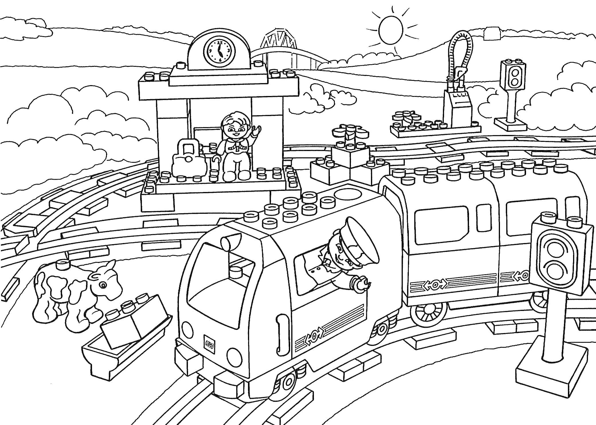Раскраска Железнодорожная станция с поездом и машинистом, маленькой станцией, пассажирами, коровой, светофором и сундуком