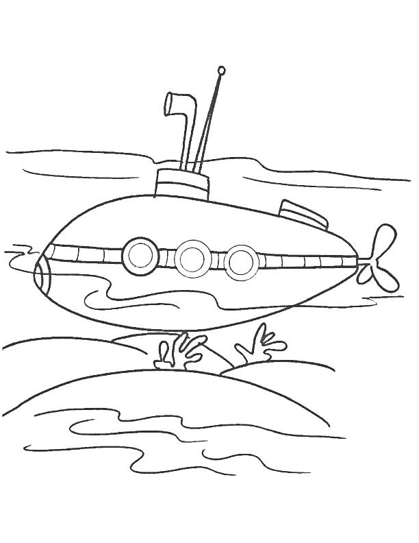 Подводная лодка с иллюминаторами и перископом на фоне моря и подводной растительности