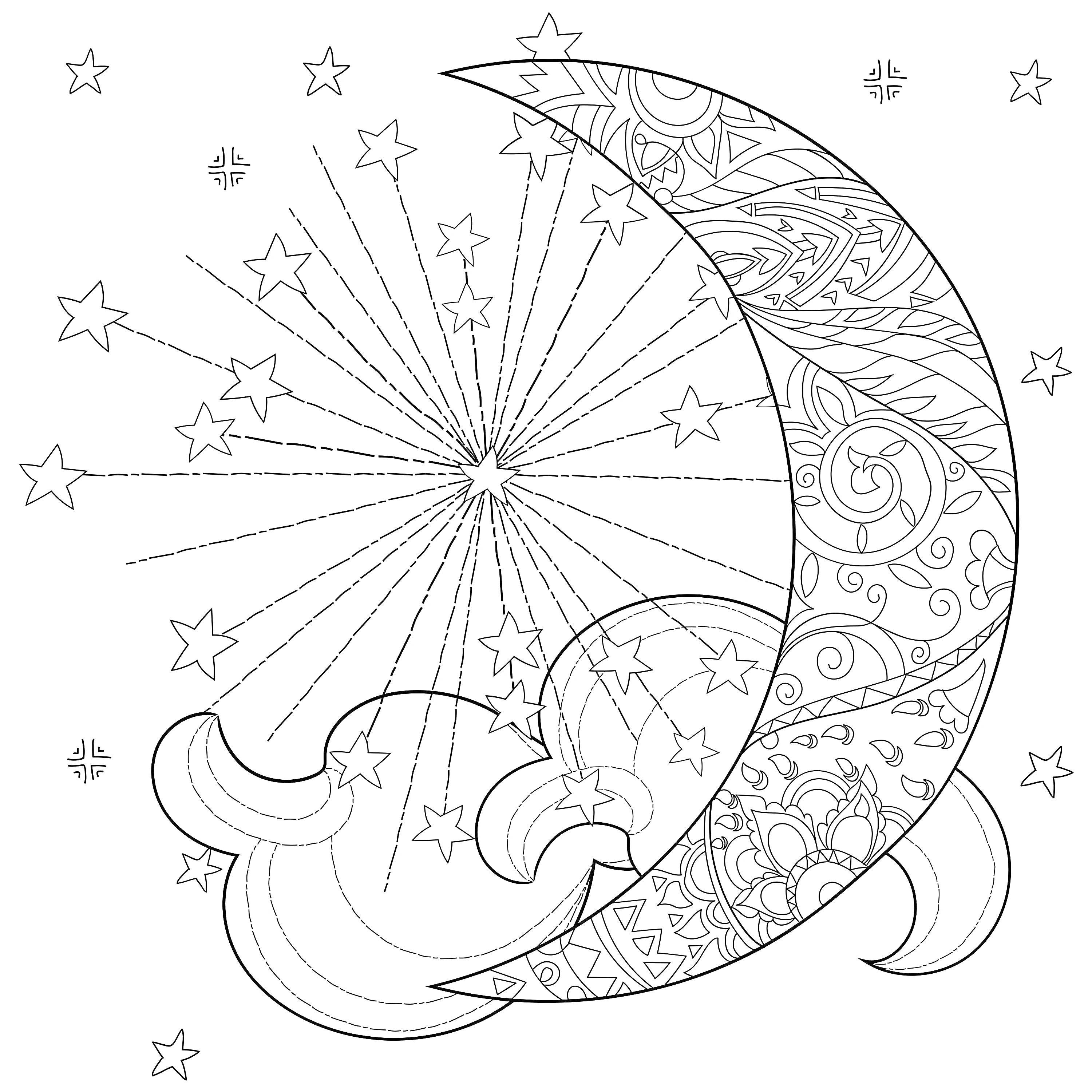 На раскраске изображено: Луна, Облака, Звезды, Лучи, Солнце, Магия, Вселенная, Ночь, Космос, Узоры, Мандала