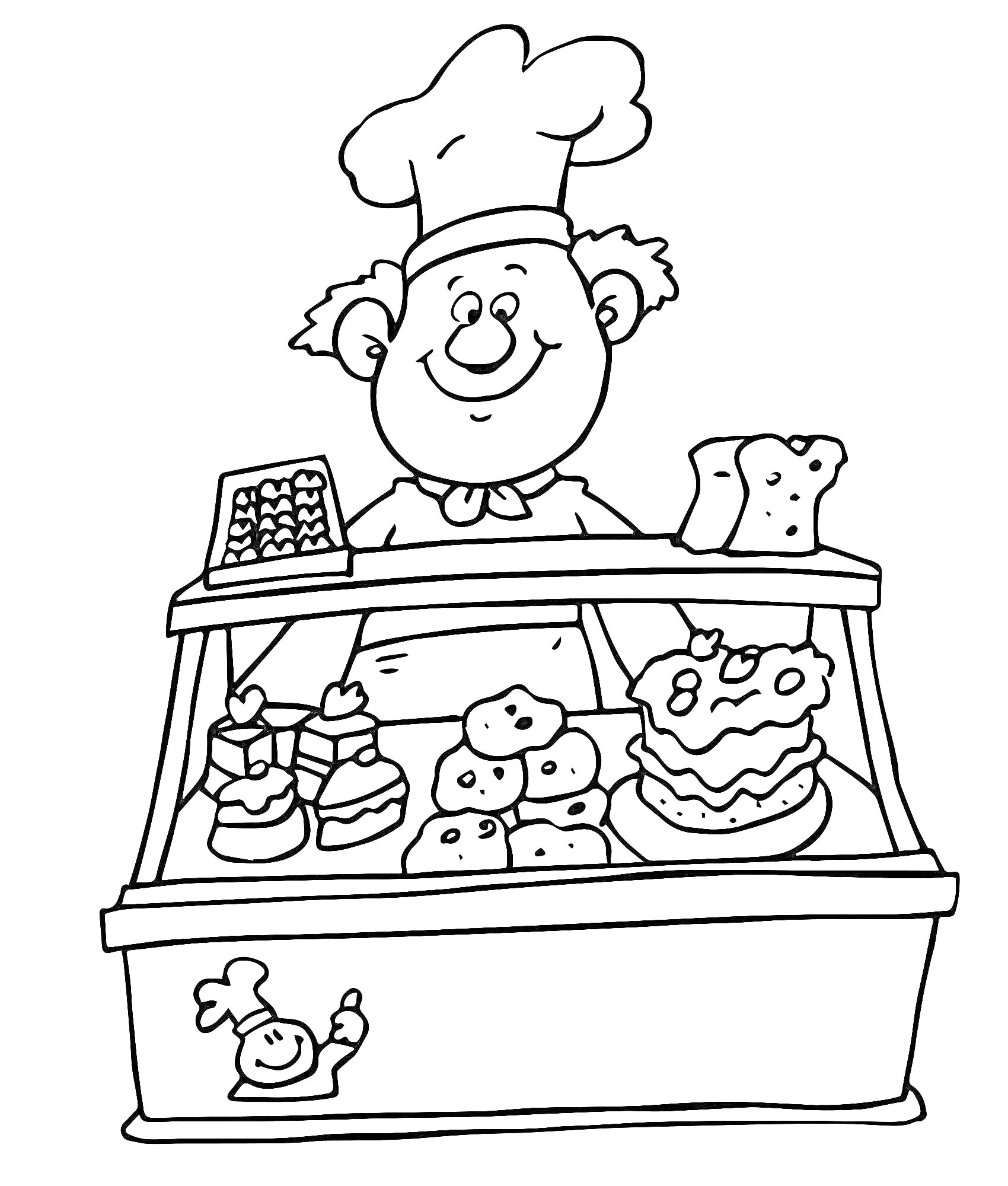 На раскраске изображено: Продавец, Киоск, Выпечка, Торт, Хлеб, Шоколадные конфеты, Шеф-повар, Магазин, Кулинария