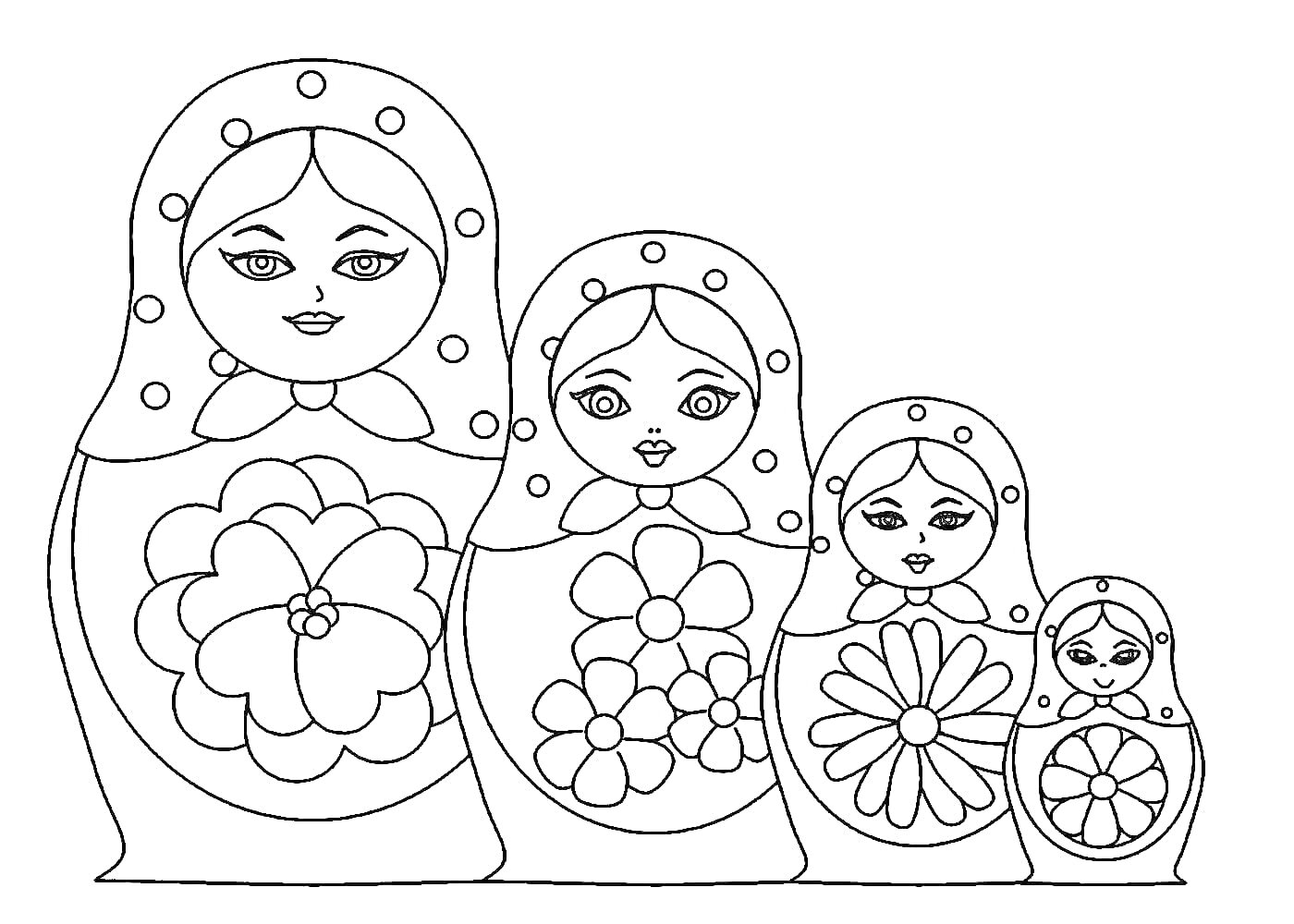 На раскраске изображено: Матрёшка, Цветы, Русская традиция, Народное искусство