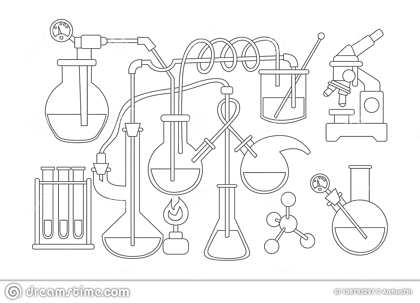 Раскраска Химическая лаборатория с колбами, пробирками, микроскопом, горелкой и молекулами