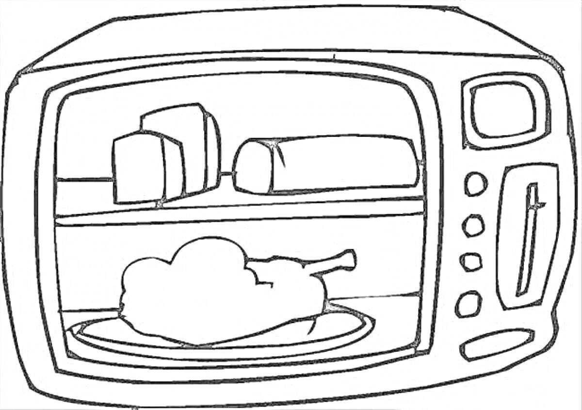 На раскраске изображено: Хлеб, Бытовая техника, Еда, Для детей, Курицы, Микроволновая печь, Печка