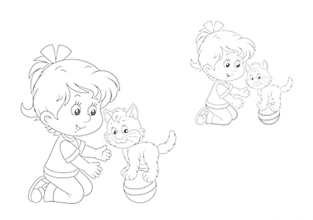 На раскраске изображено: Девочка, Цветной образец, Игра, Для детей, Животные, Кот, Мячи