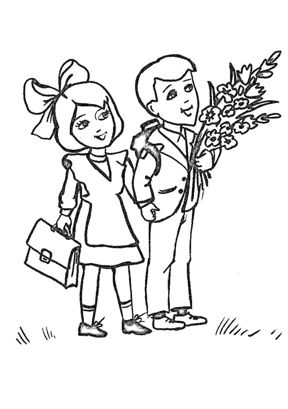 На раскраске изображено: Школьники, 1 сентября, Цветы, Портфель, Школьная форма, Мальчик, Девочка, Школьный рюкзак, Для детей