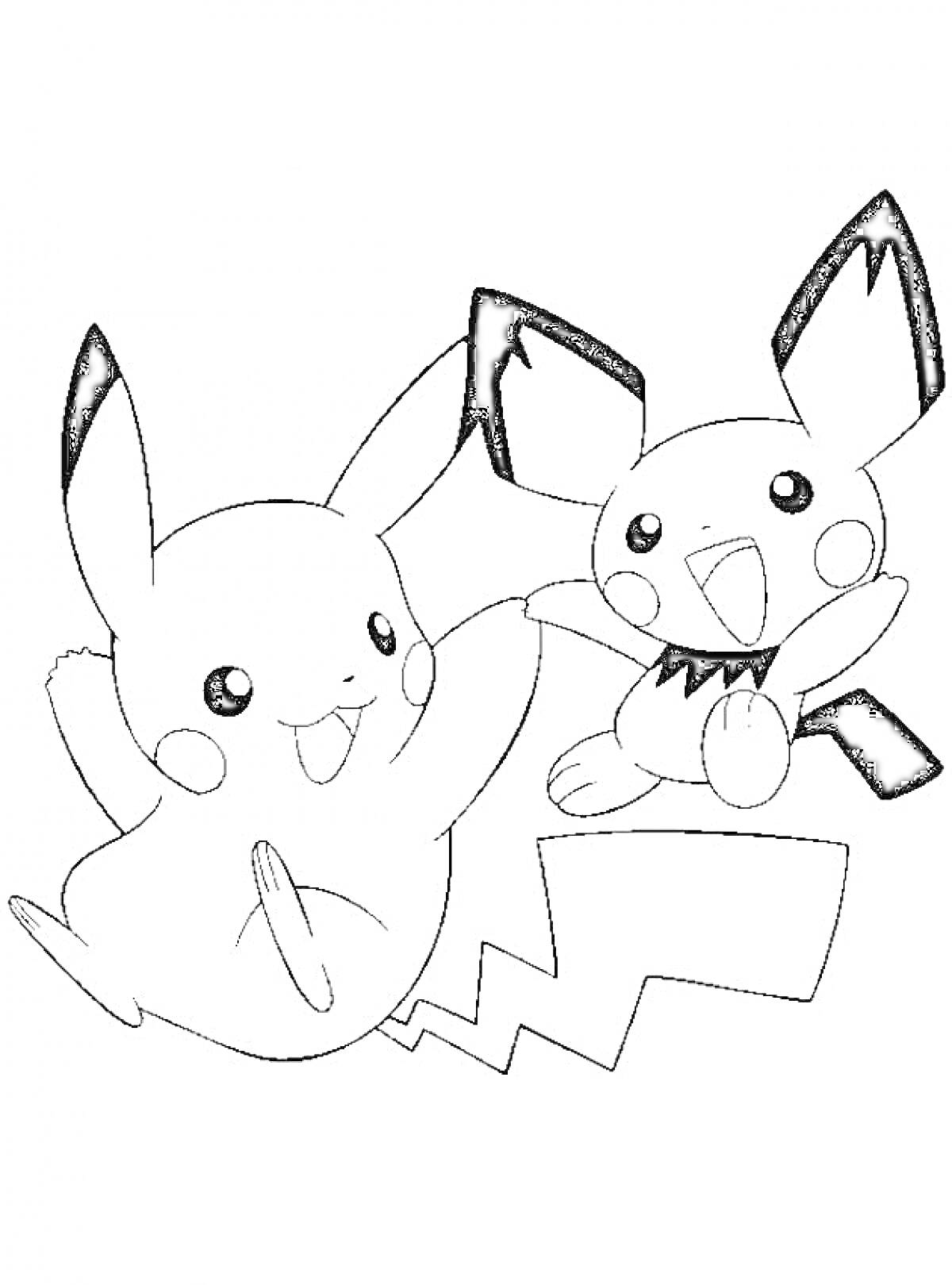 Раскраска Пикачу и Пичу, смеющиеся покемоны в движении
