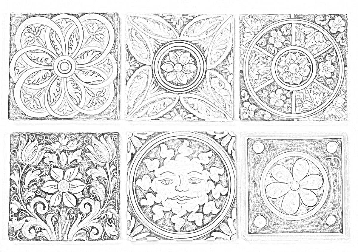 Раскраска Орнаментальная керамическая плитка с растительными и геометрическими узорами