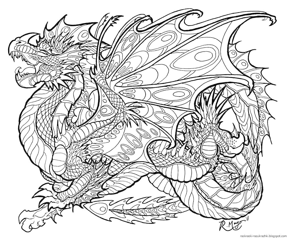 Раскраска Два детализированных дракона с узорчатыми крыльями