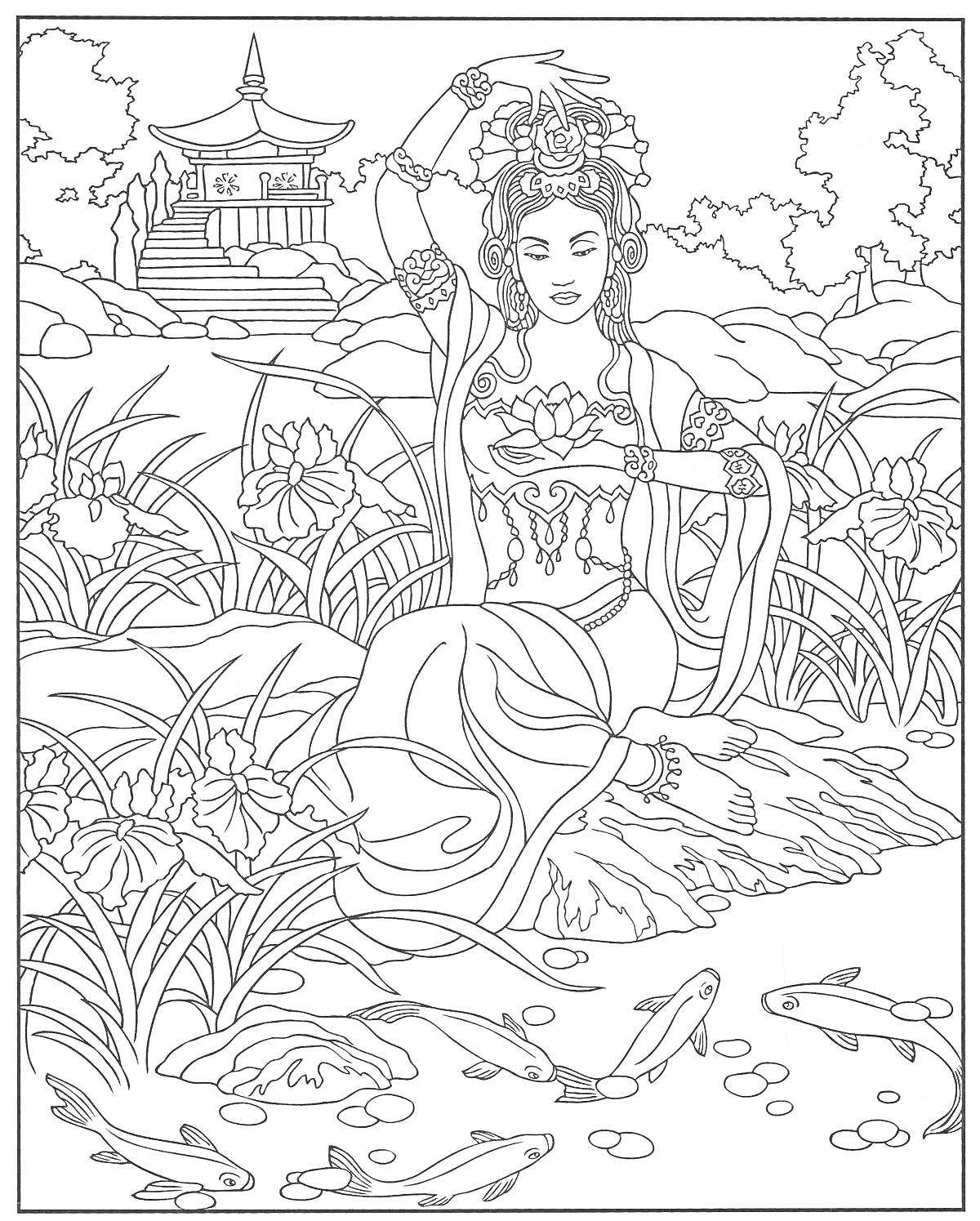 На раскраске изображено: Восток, Лилии, Храм, Природа, Водоем, Цветы