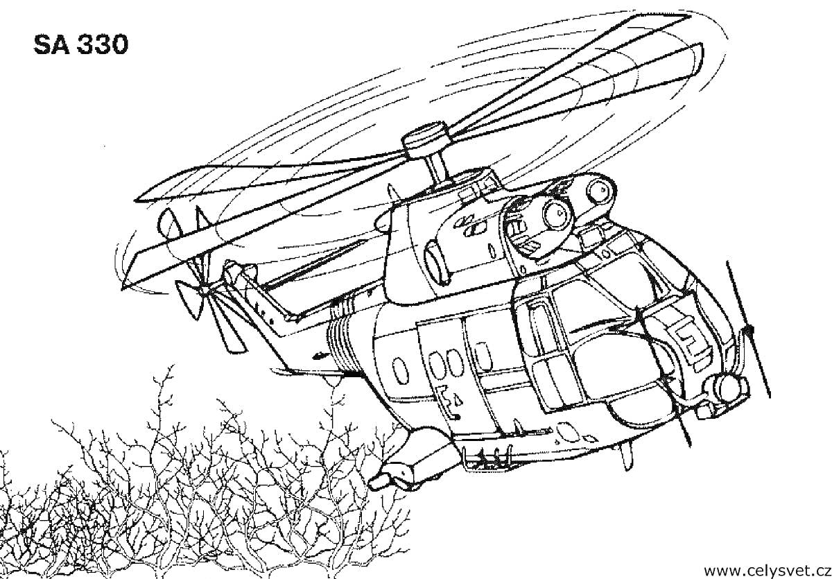 Раскраска Пожарный вертолет SA 330 с деталями в полете и кустами внизу