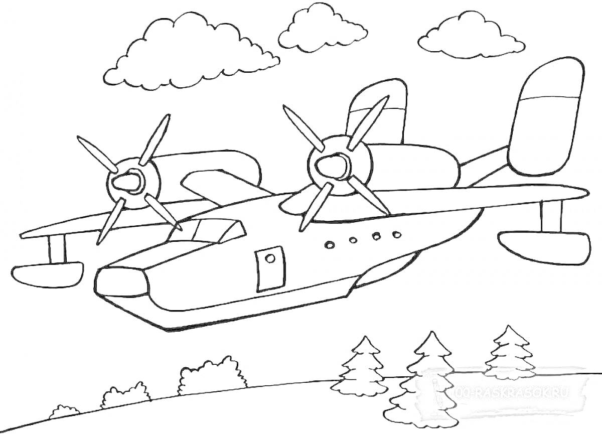 Раскраска Самолет с двумя винтами в полете над деревьями и облаками