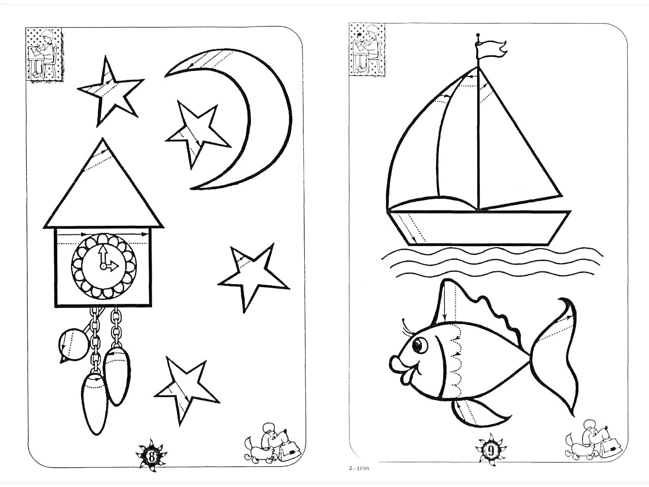 Раскраска Часы с маятником, звезды, луна, лодка с парусом и флагом, рыба