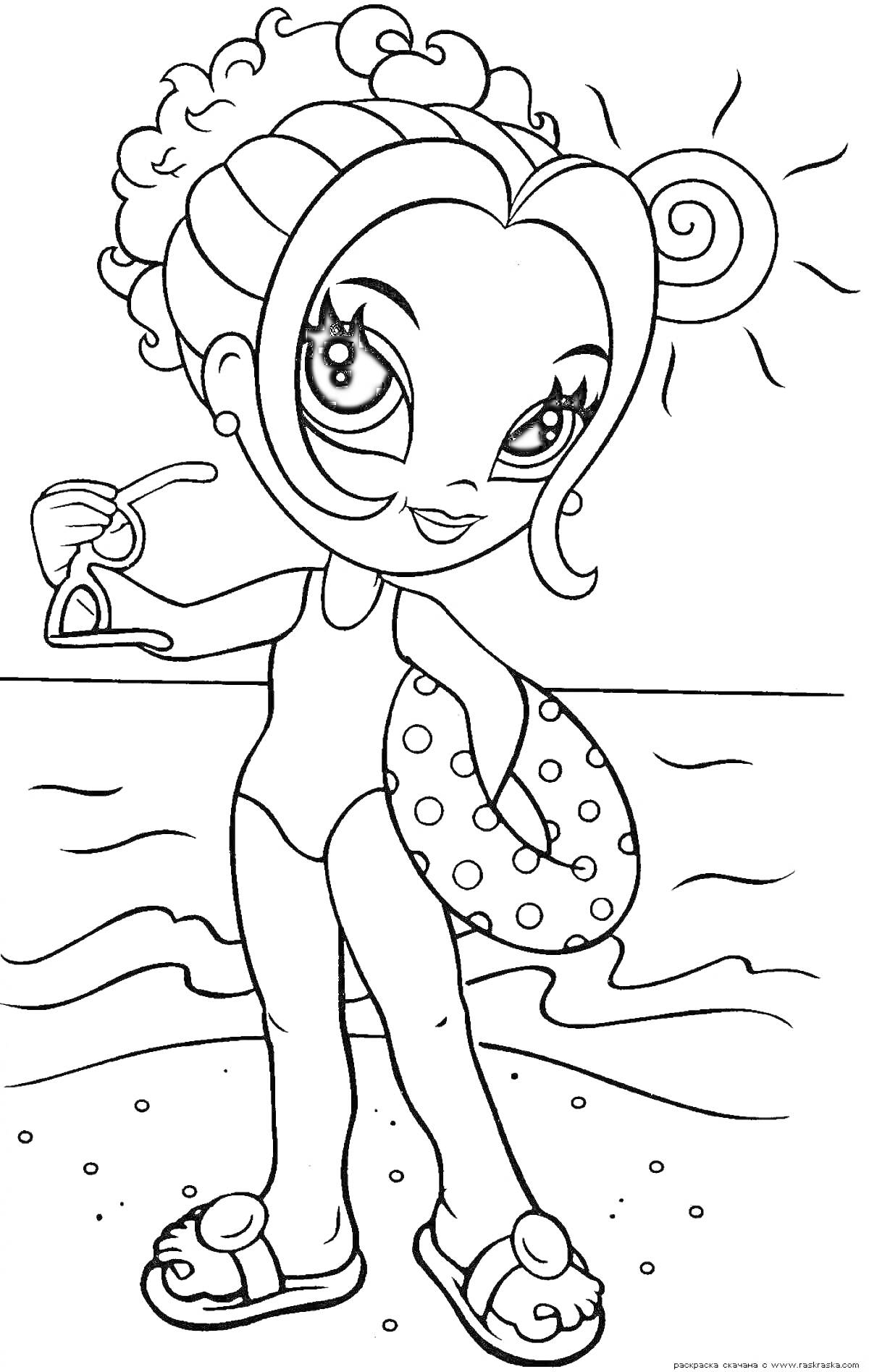 Раскраска Девочка на пляже в купальнике с кругом и очками