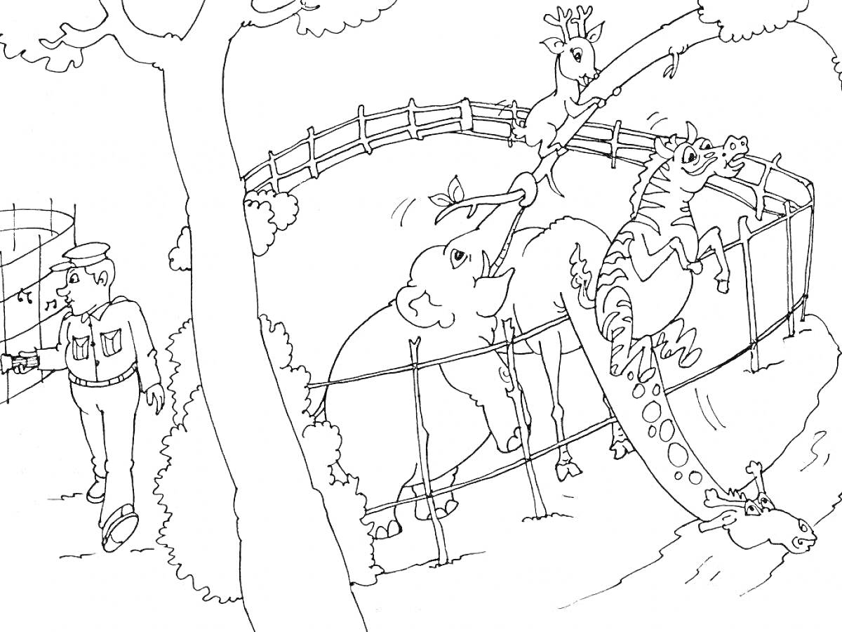  Зоопарк с сотрудником, деревьями, забором, слоном, жирафом и аллигатором