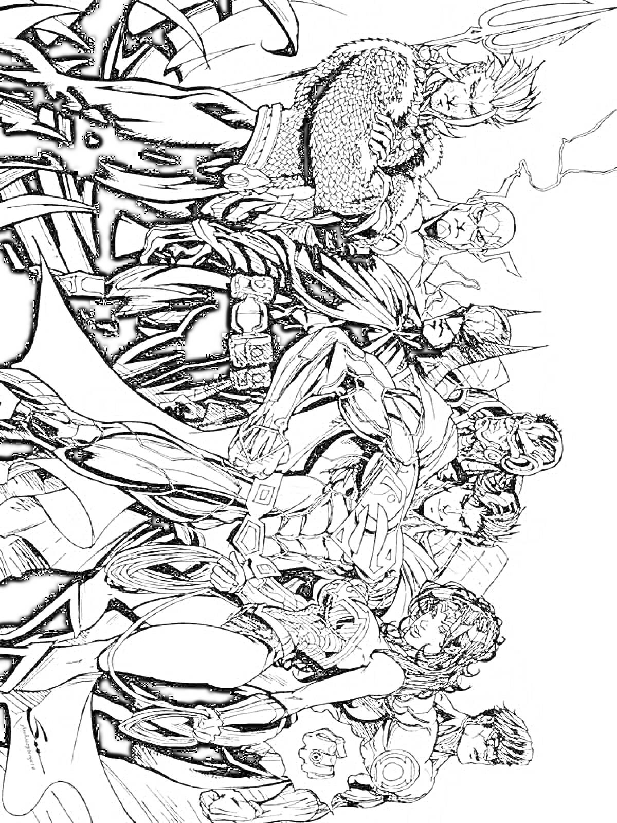 На раскраске изображено: Лига Справедливости, Супергерои, Комиксы, Бэтмен, Супермен, Чудо-женщина, Флэш, Аквамен, Зелёный Фонарь, Робот, Арт