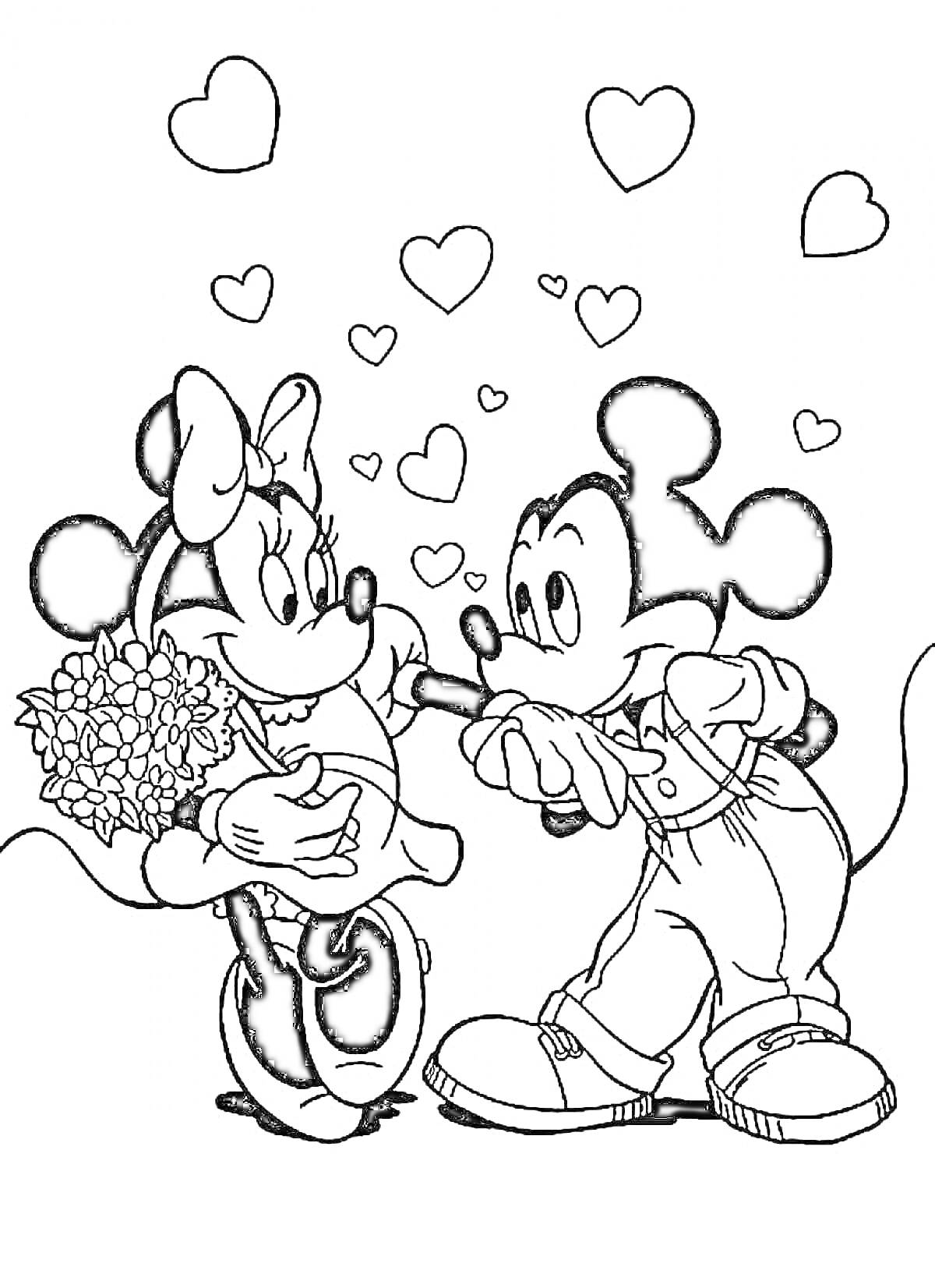 Раскраска Мики Маус и Минни Маус: Мики дарит Минни цветы, сердца вокруг