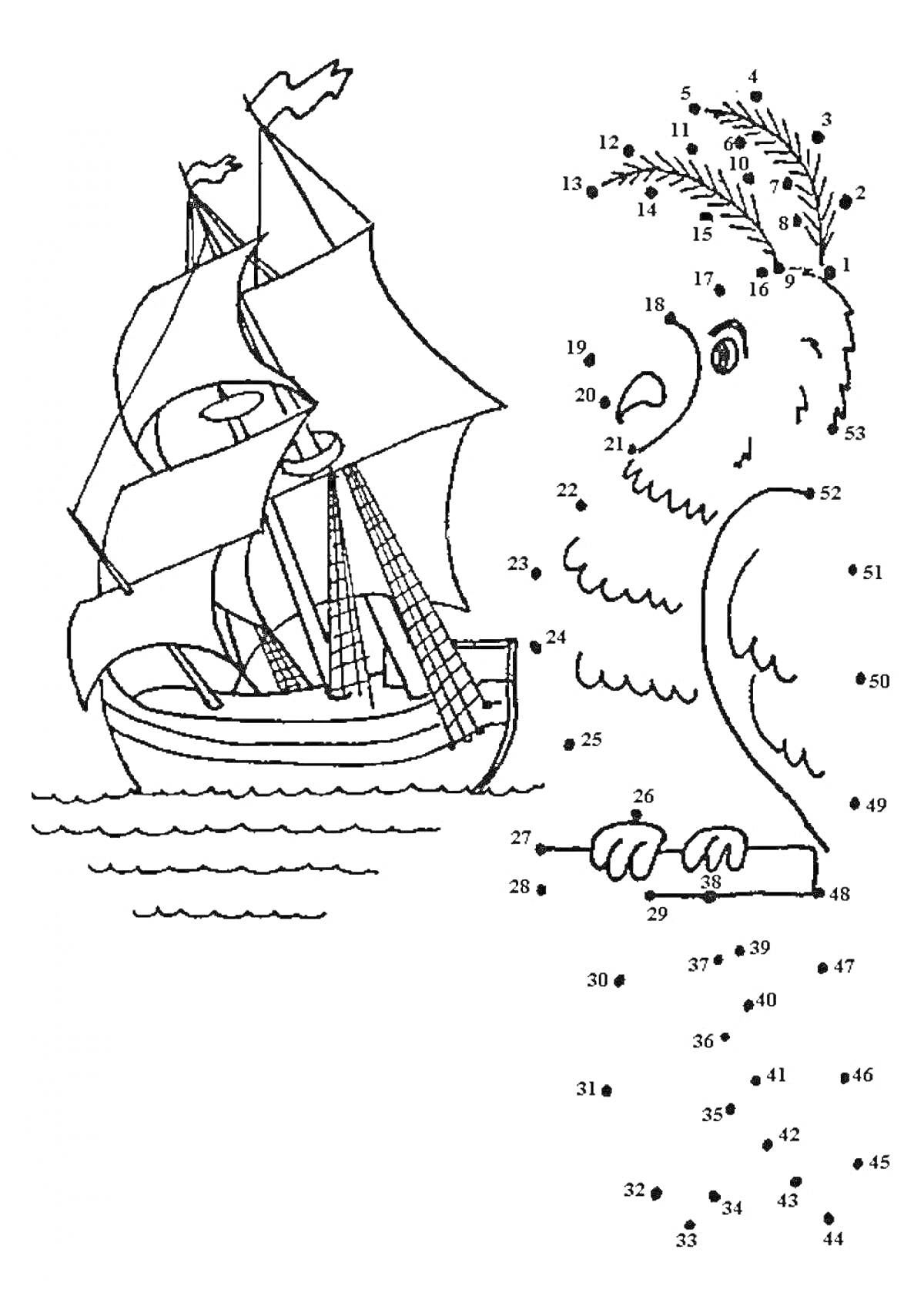 Раскраска Парусный кораблик и попугай из точек