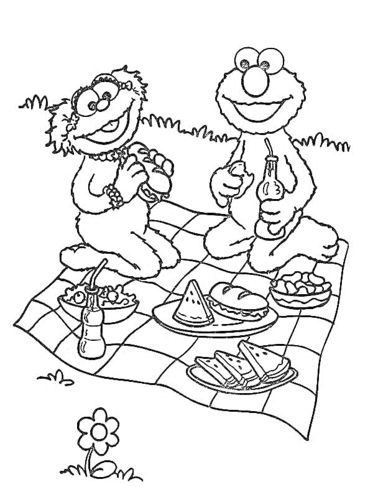 На раскраске изображено: Пикник, Двое, Покрывало, Еда, Арбуз, Трава, Напиток, Цветы, Персонаж, Бутерброд