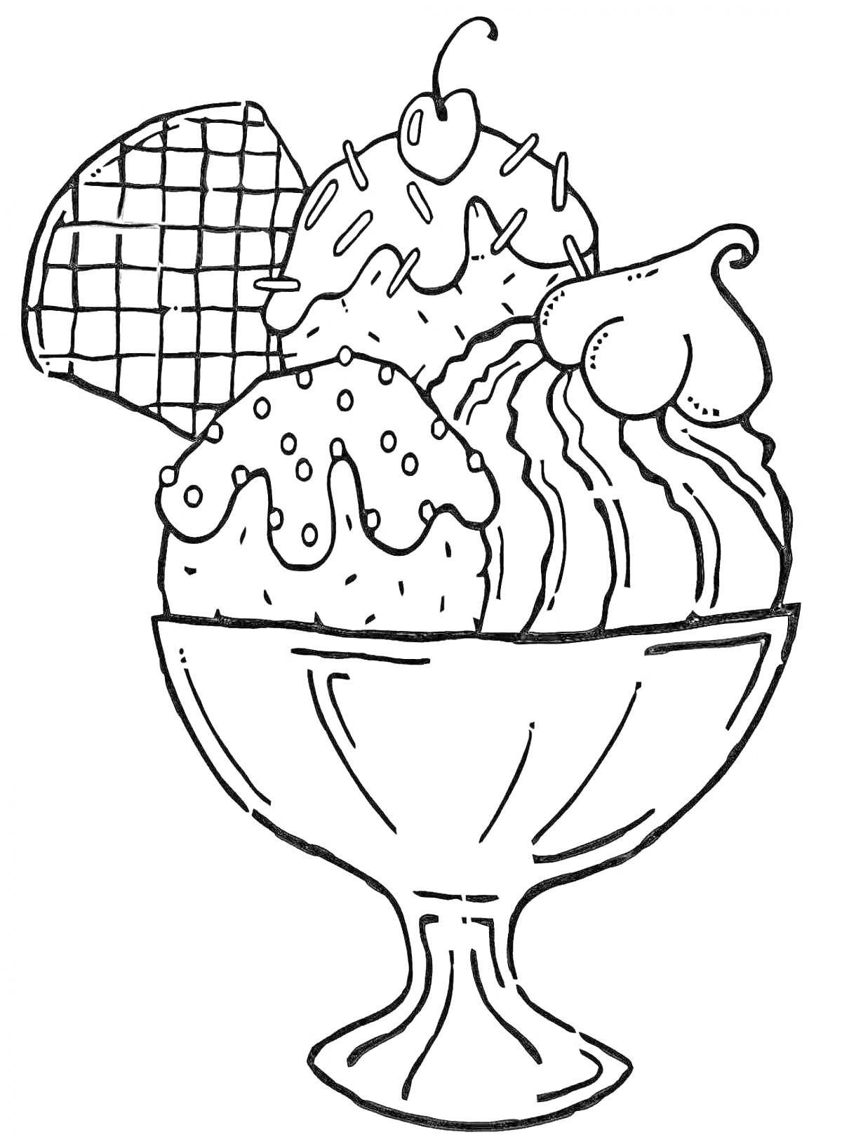 Раскраска Мороженое в креманке с вафлей, вишней и взбитыми сливками