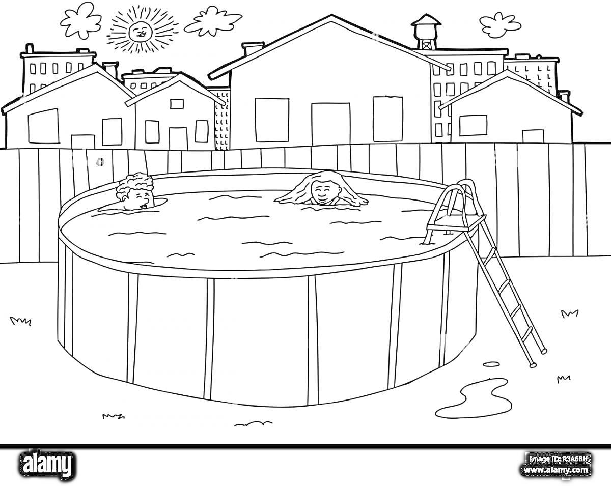 Раскраска Круглый бассейн с лестницей, двумя плавающими детьми и задним планом из домов и забора, солнечный день