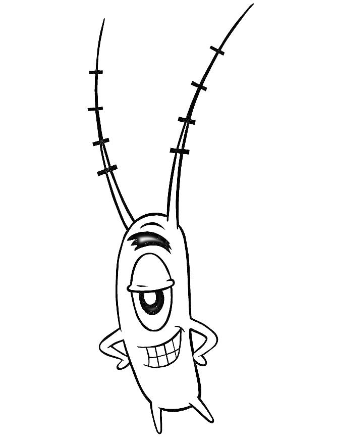 Раскраска Планктон с большими усиками и улыбающейся физиономией из мультфильма 